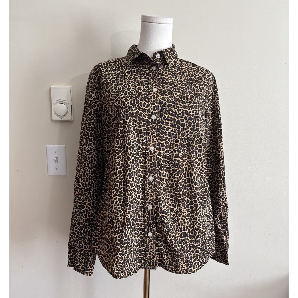 J Crew Womens Medium Signature Fit Button Up Shirt Leopard Print Cotton Office